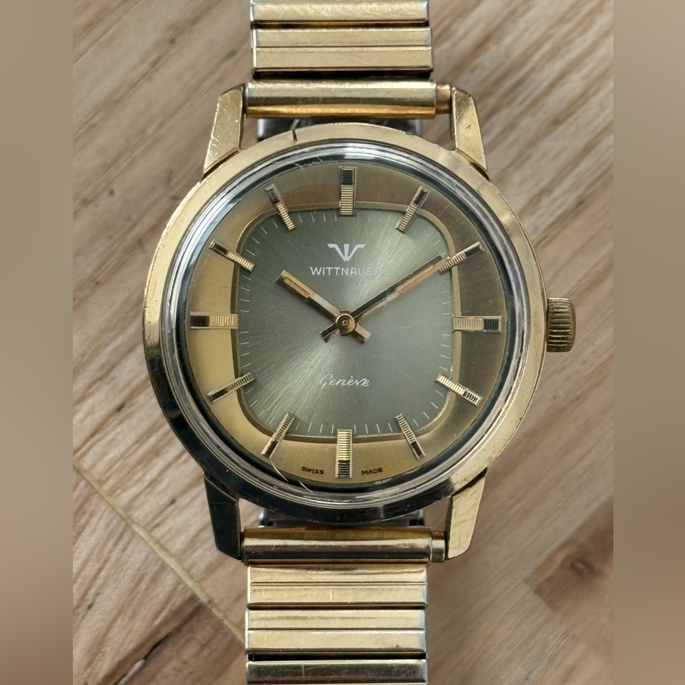 Wittnauer Geneve Ultra Rare Automatic Vintage Watch Gold Case Unique Dial Works